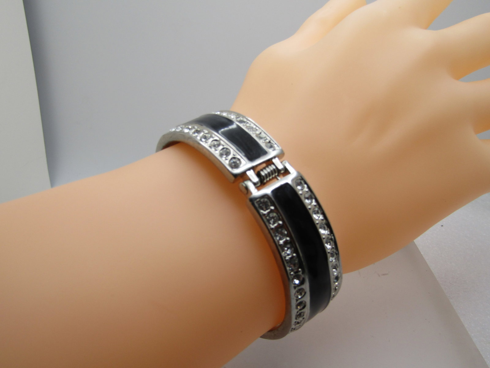 Vintage Black Enameled Rhinestone Bracelet, Hinged Clamper, 6.75", 1970's-1980's - 5