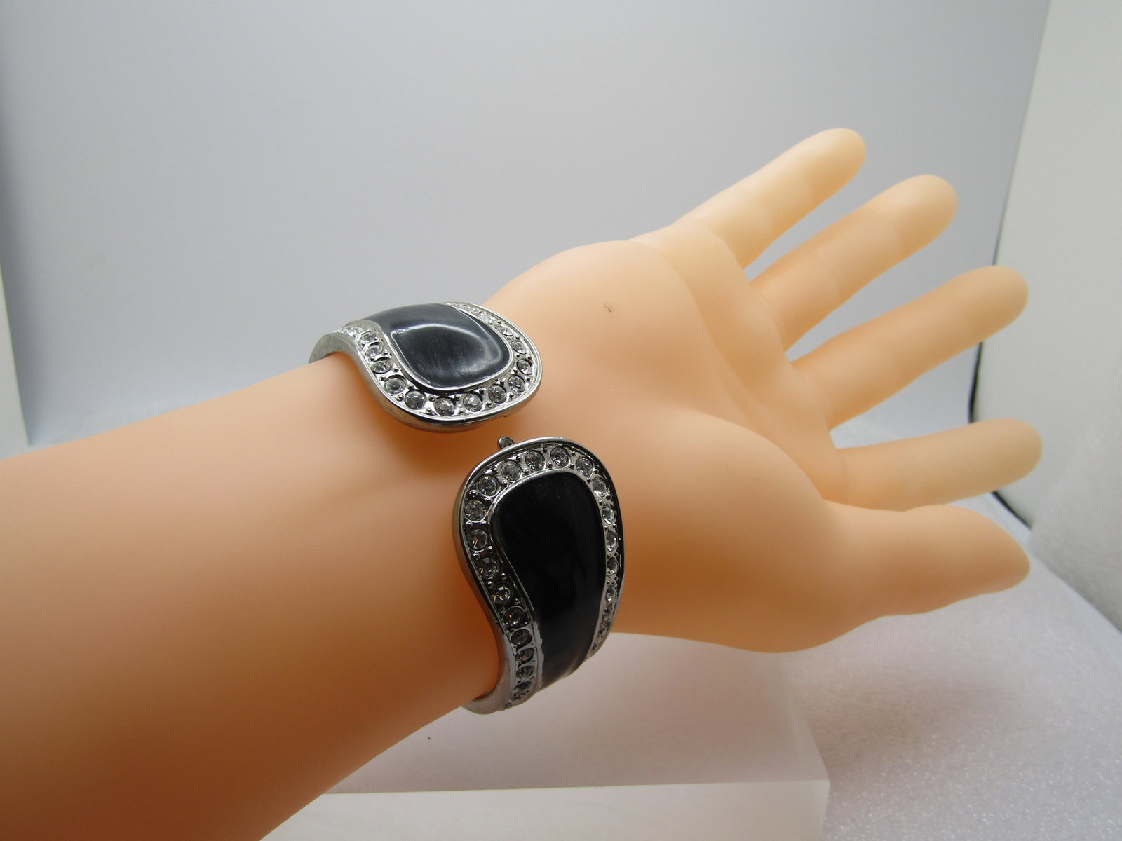 Vintage Black Enameled Rhinestone Bracelet, Hinged Clamper, 6.75", 1970's-1980's - 6