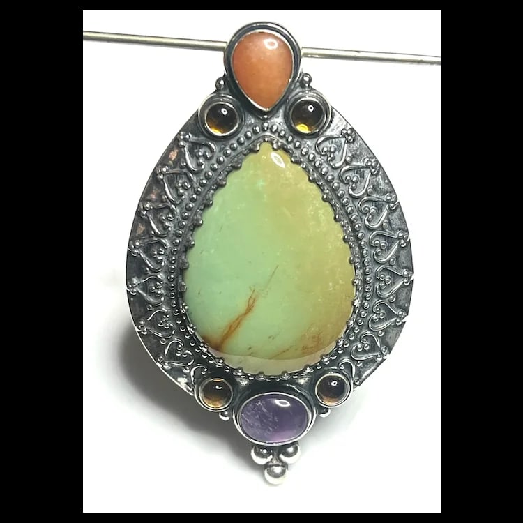 Estate Carolyn Pollack Sterling Silver Turquoise Amethyst Carnelian Enhancer Pendant - 2