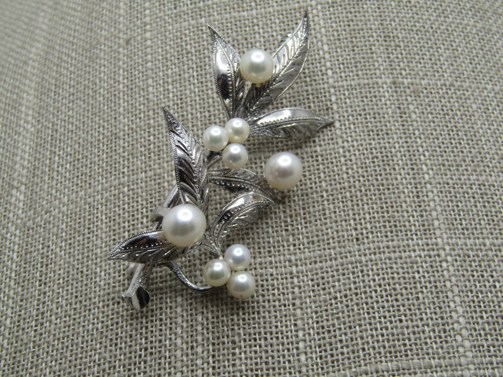 Vintage Sterling Pearl Leaf Stem Brooch, 2.25", 1960's-1970's - 2