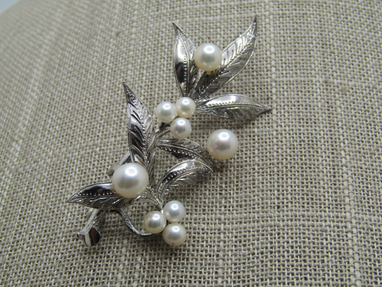Vintage Sterling Pearl Leaf Stem Brooch, 2.25", 1960's-1970's - 3