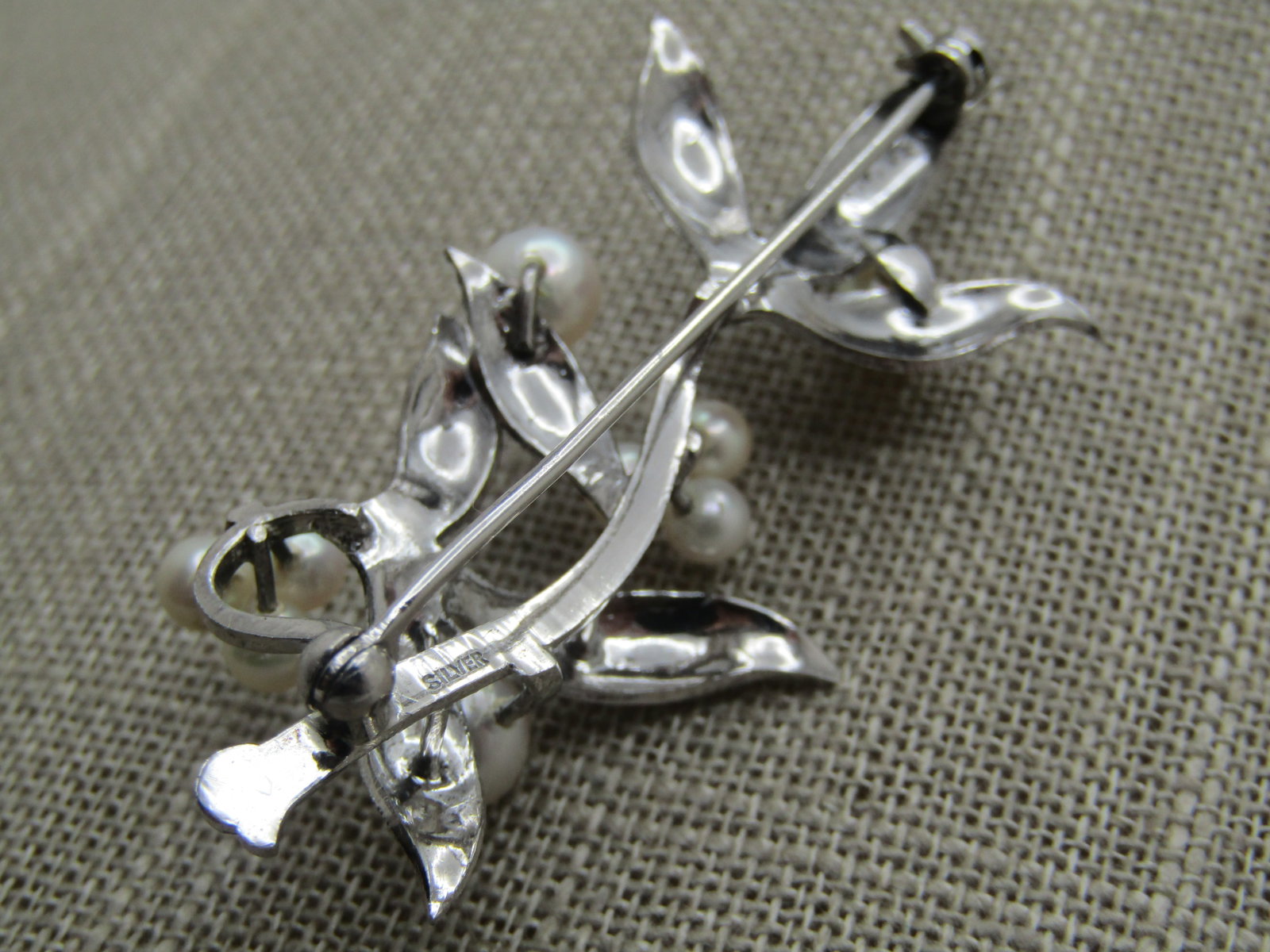 Vintage Sterling Pearl Leaf Stem Brooch, 2.25", 1960's-1970's - 4