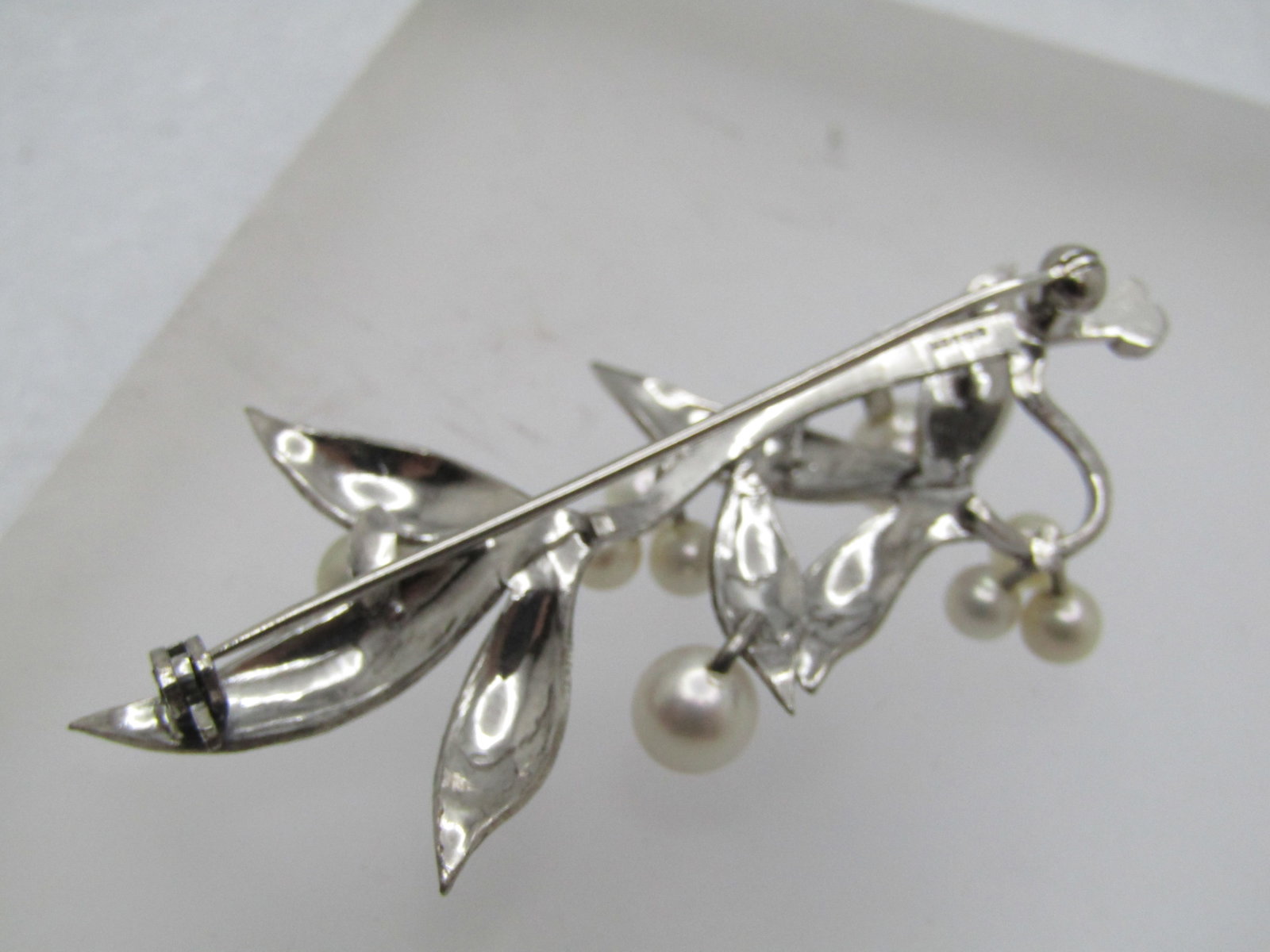 Vintage Sterling Pearl Leaf Stem Brooch, 2.25", 1960's-1970's - 5