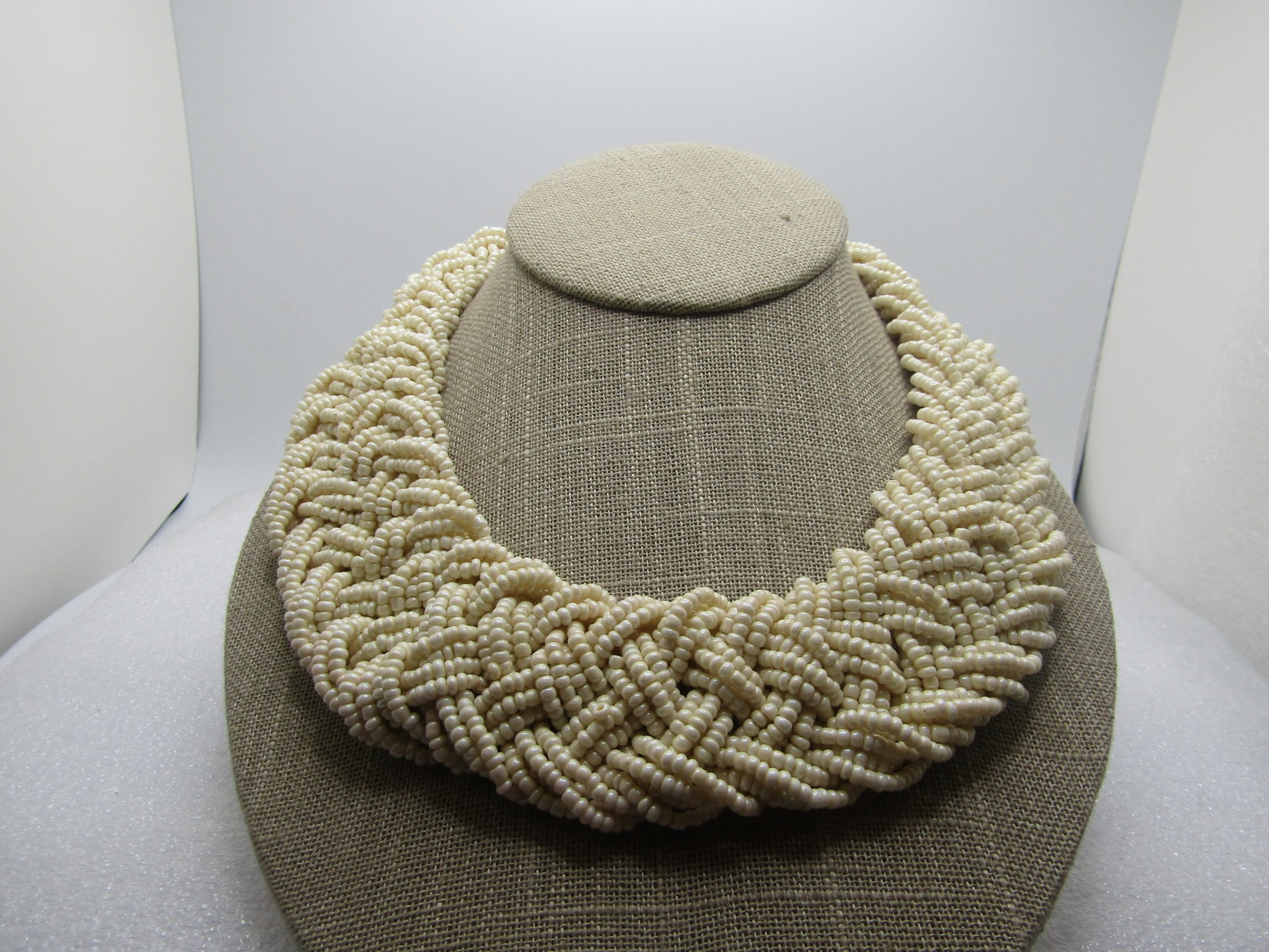 Vintage Braided White Seed Bead Necklace, 18", 1980's, 1.5" Wide (1 of 6)