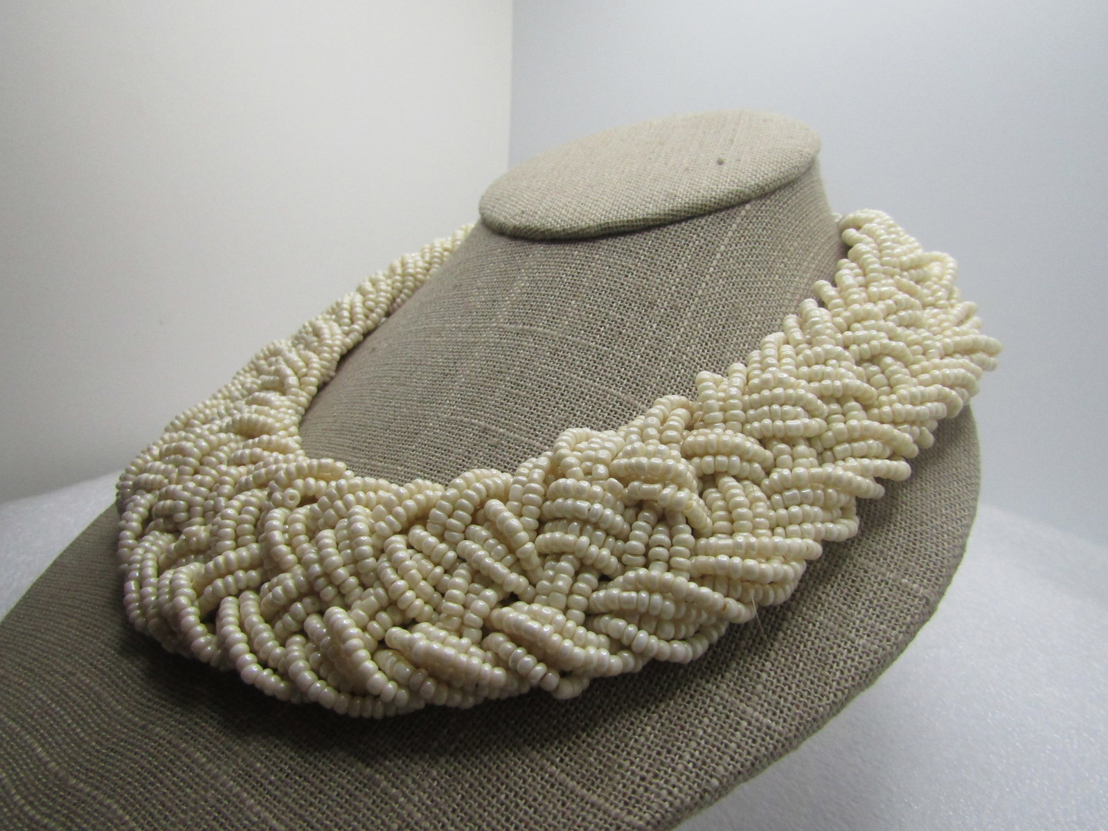 Vintage Braided White Seed Bead Necklace, 18", 1980's, 1.5" Wide - 4
