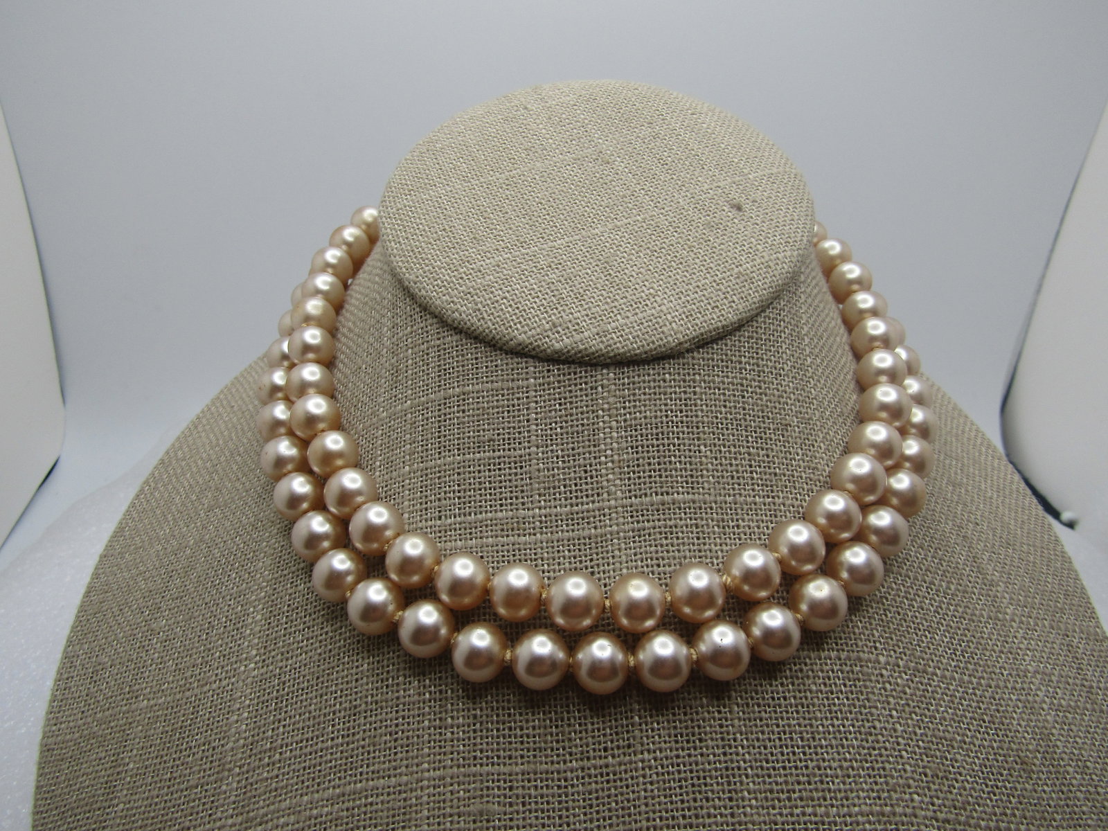 Vintage Faux Pearl Necklace, Double Strand, 14", Rhinestone Box Clasp, 1940's: Title: Vintage Faux Pearl Necklace, Double Strand, 14", Rhinestone Box Clasp, 1940's Description: Vintage Faux Pearl Necklace, Double Strand, 14", Rhinestone Box Clasp, 1940's. Baguettes and round rhi