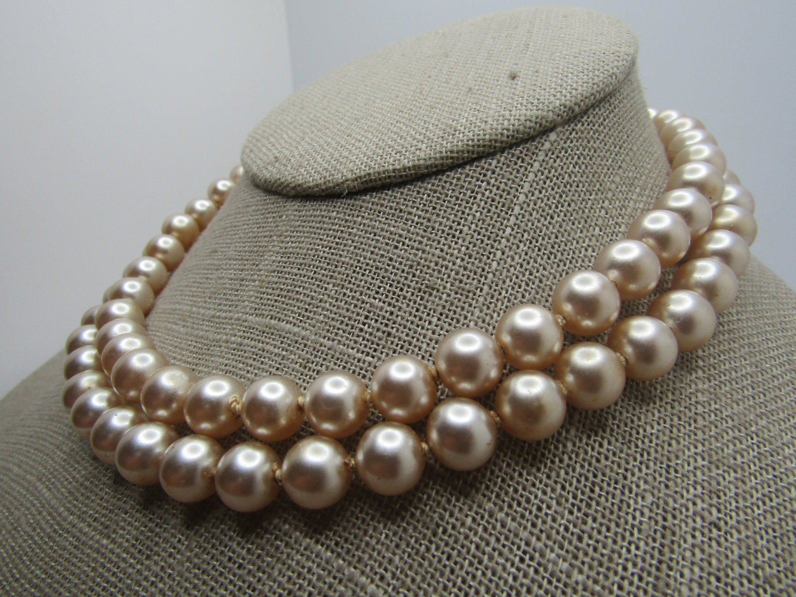 Vintage Faux Pearl Necklace, Double Strand, 14", Rhinestone Box Clasp, 1940's - 2