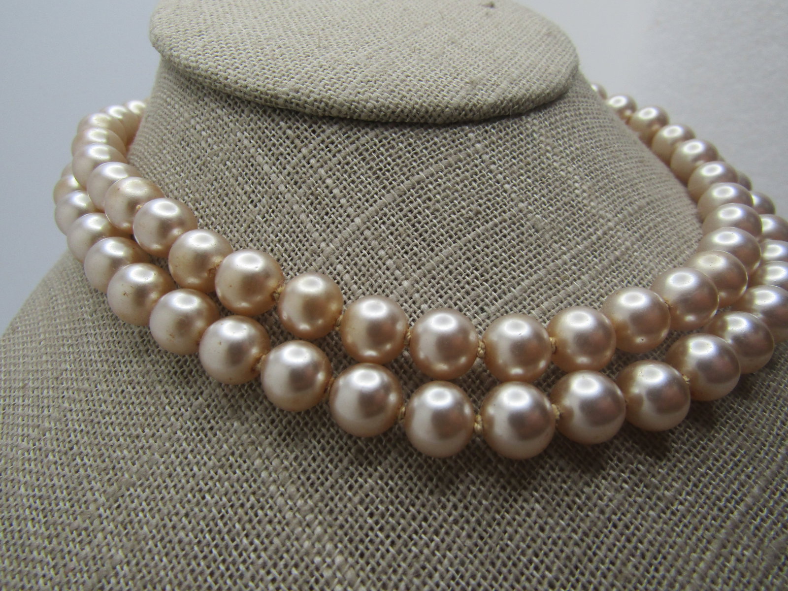 Vintage Faux Pearl Necklace, Double Strand, 14", Rhinestone Box Clasp, 1940's - 3