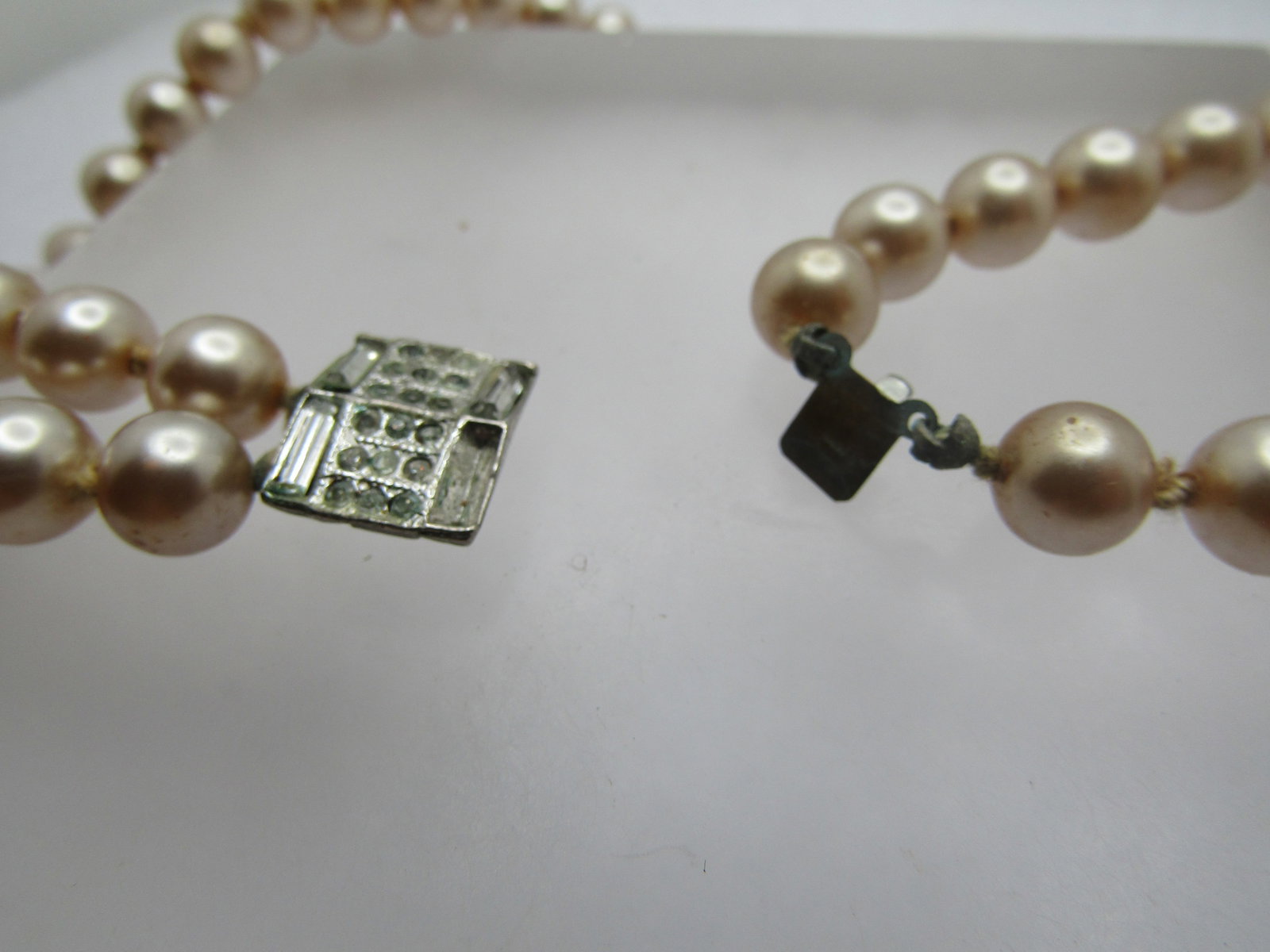 Vintage Faux Pearl Necklace, Double Strand, 14", Rhinestone Box Clasp, 1940's - 4