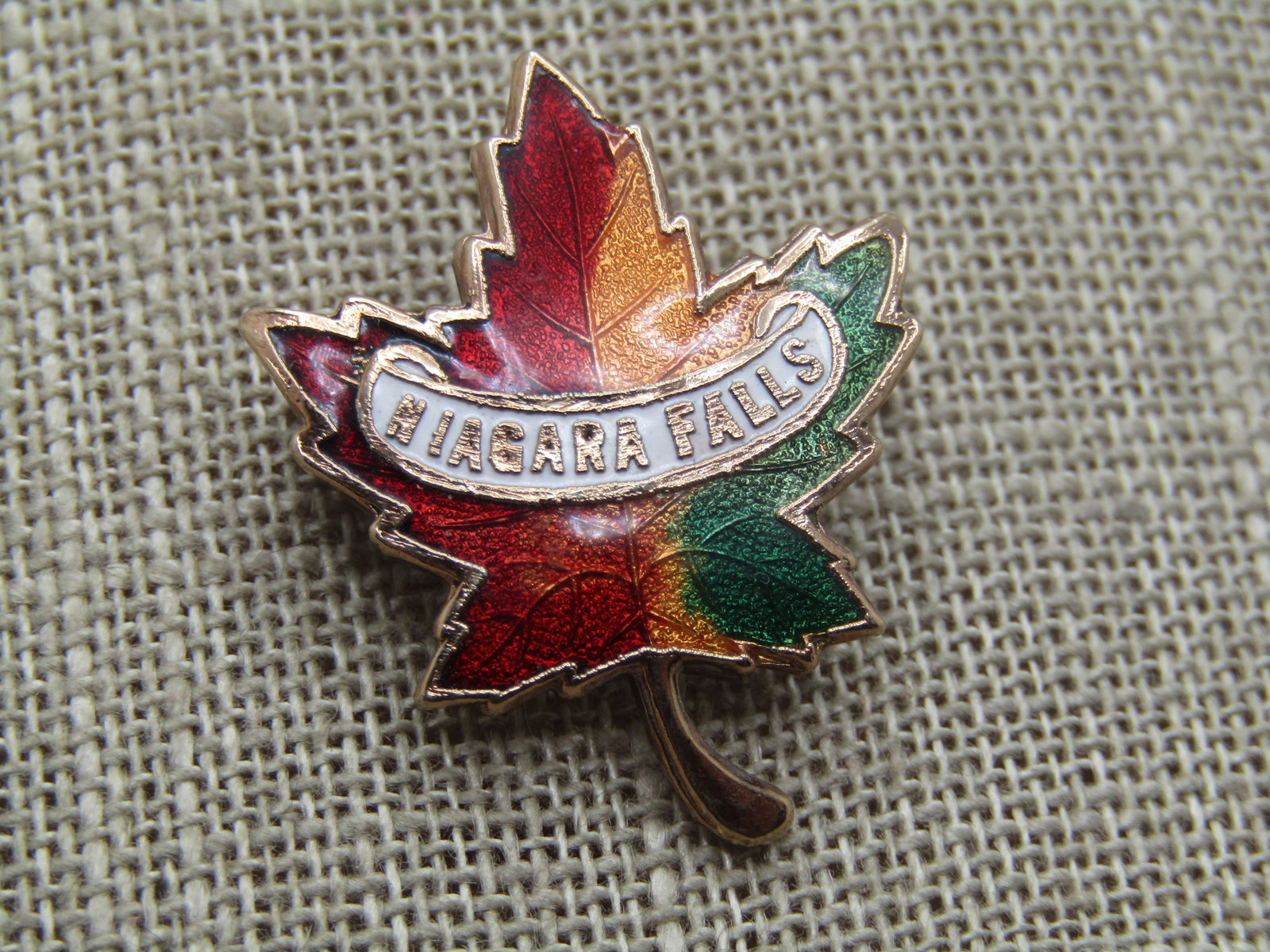 Vintage Guilloche/Enamed Niagra Falls Maple Leaf Brooch, , 1960's-1970's (1 of 5)