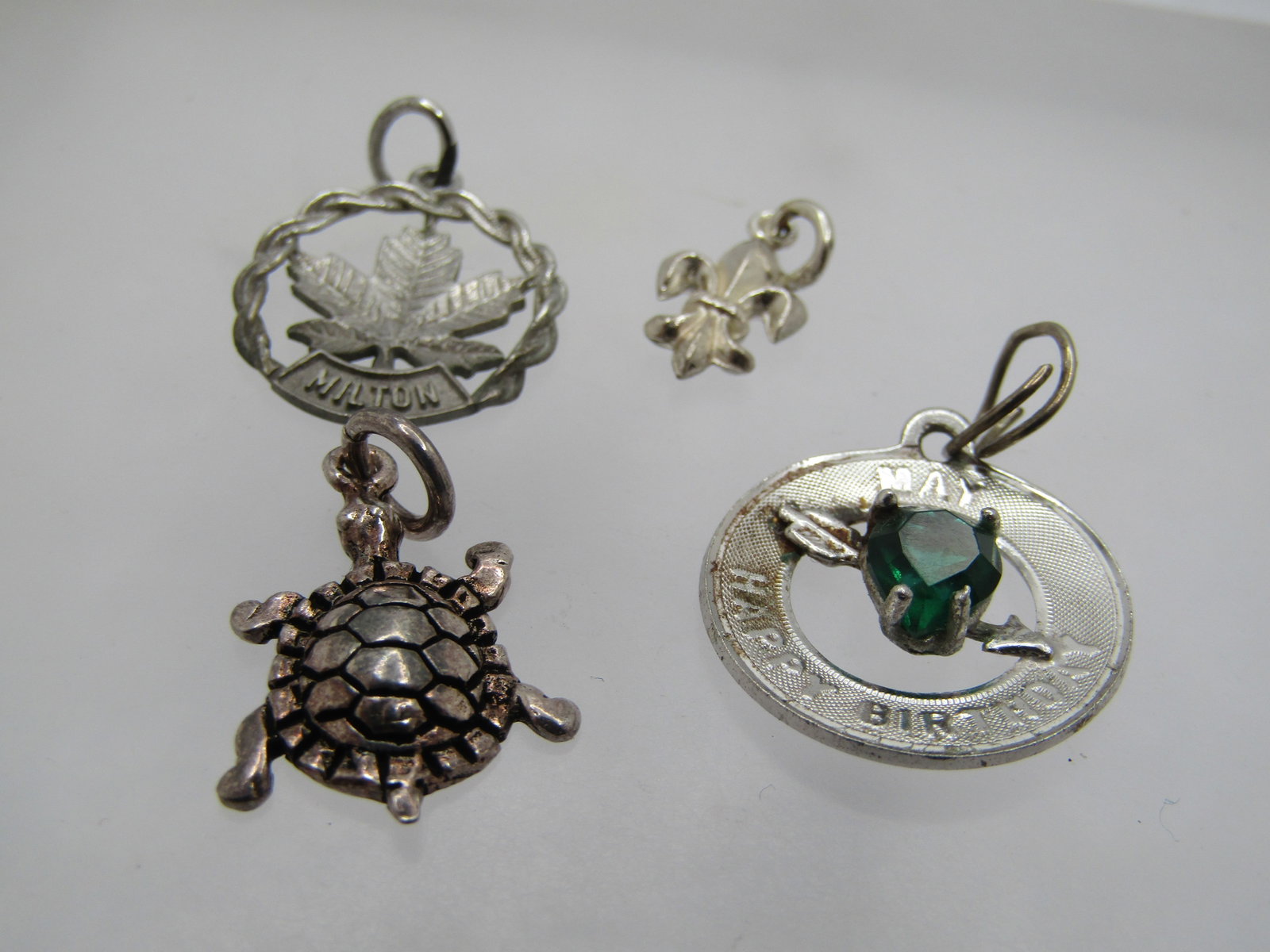 Vintage Four Sterling Charms, Turtle; Fleur-de-Lis; May Birthday; Maple Leaf, 1960's-1980's - 3