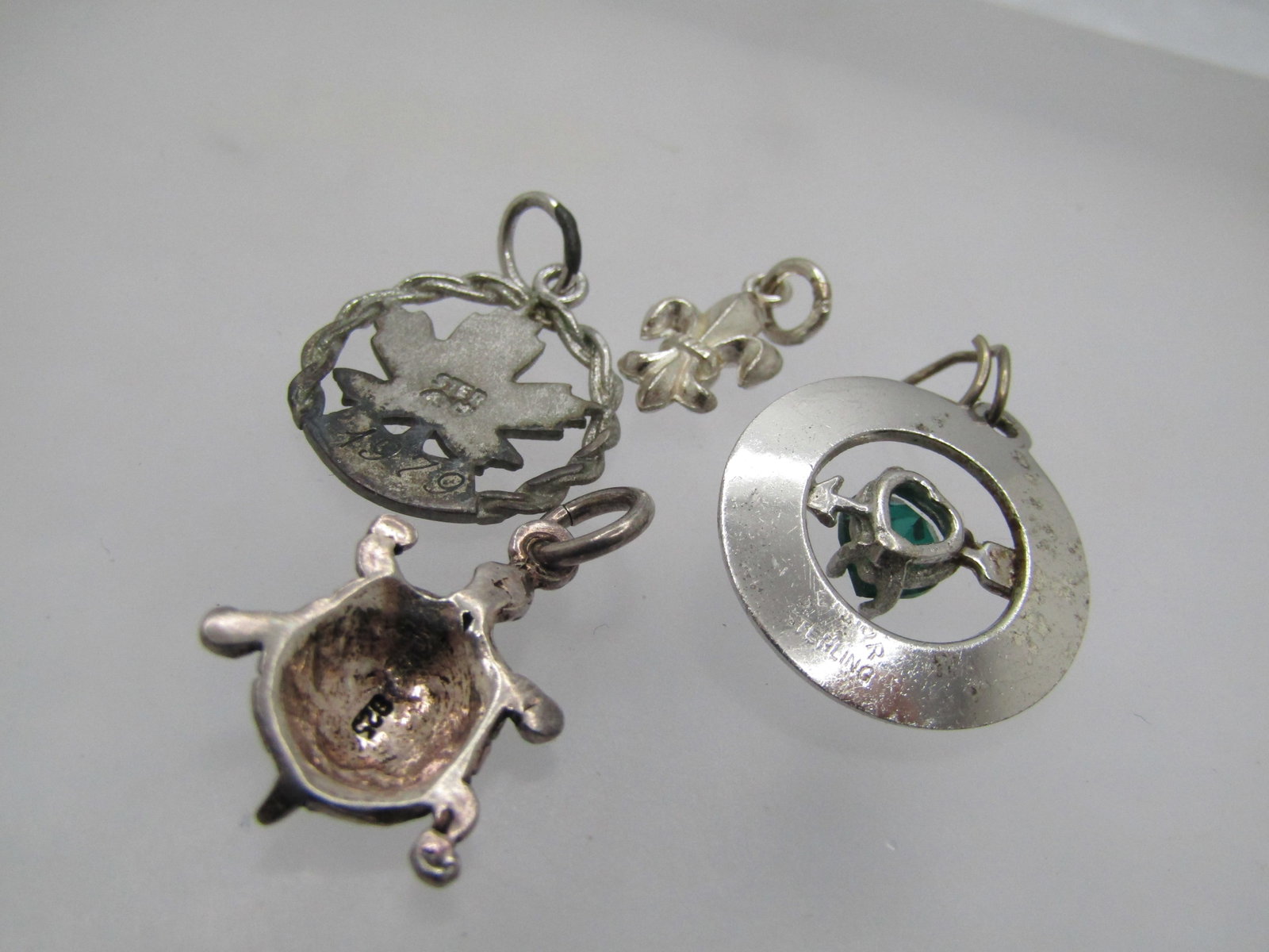 Vintage Four Sterling Charms, Turtle; Fleur-de-Lis; May Birthday; Maple Leaf, 1960's-1980's - 4