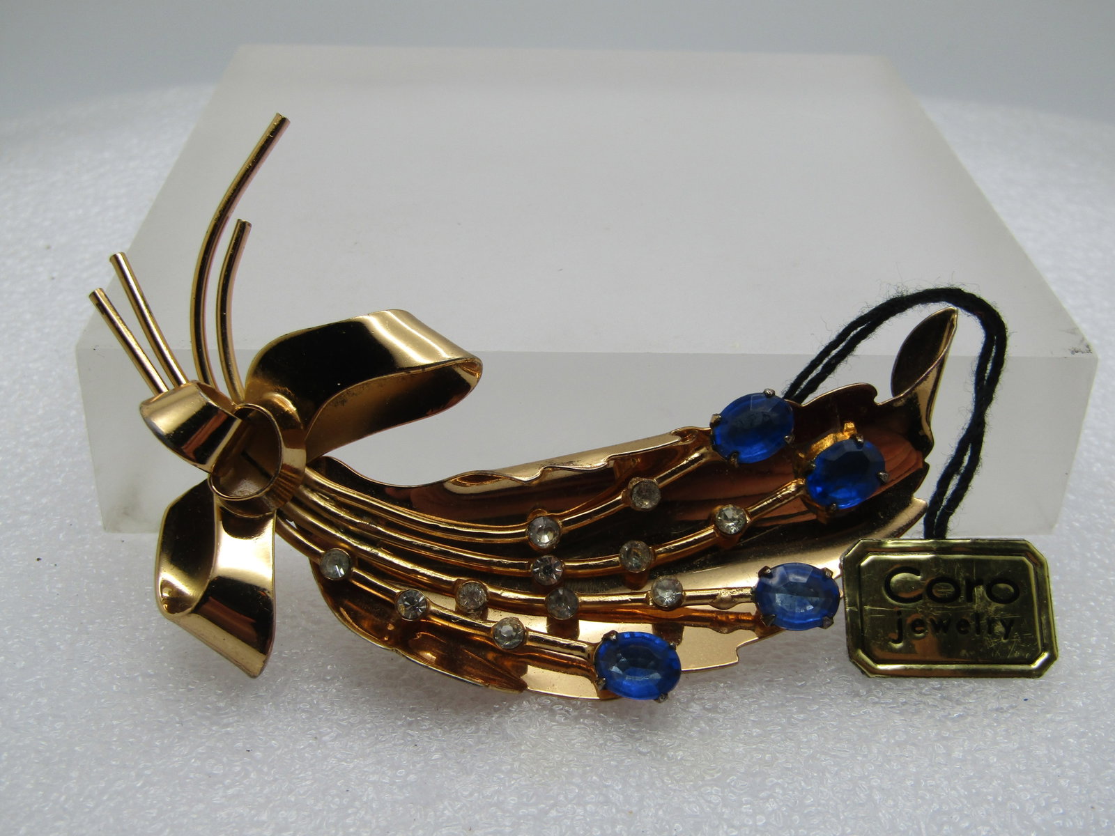Vintage Coro Pegasus Rhinestone Brooch, With Tags, Leaf, Blue/Clear, 1950's-1960's (1 of 7)