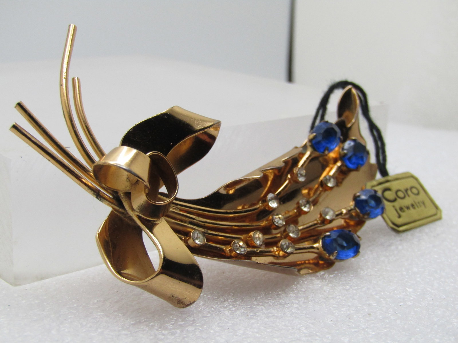 Vintage Coro Pegasus Rhinestone Brooch, With Tags, Leaf, Blue/Clear, 1950's-1960's - 3