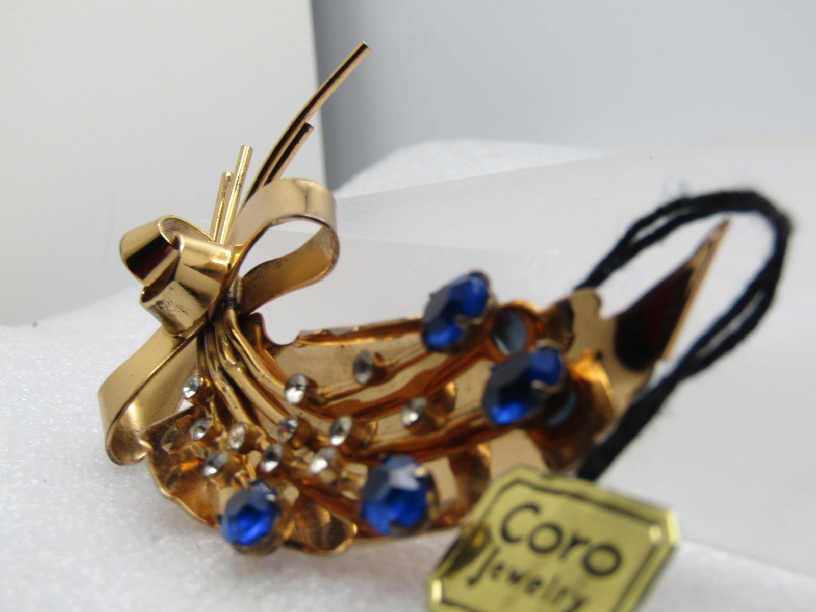 Vintage Coro Pegasus Rhinestone Brooch, With Tags, Leaf, Blue/Clear, 1950's-1960's - 4