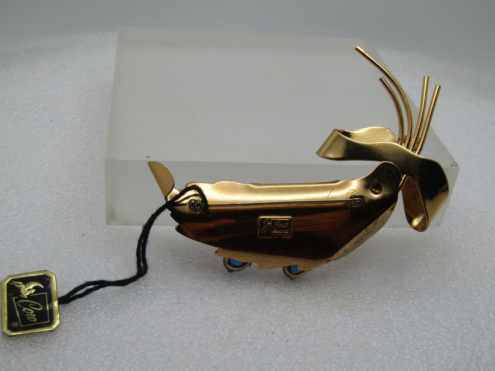 Vintage Coro Pegasus Rhinestone Brooch, With Tags, Leaf, Blue/Clear, 1950's-1960's - 5
