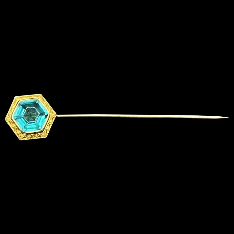 Vintage 10k Gold Blue Cut Glass Hexagon Stickpin (1 of 7)