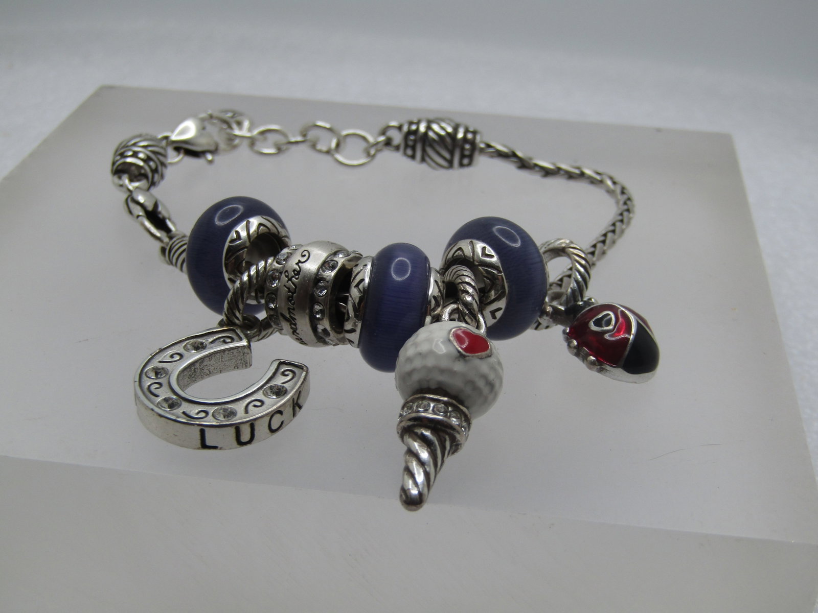 Vintage Brighton Slide Charm Bracelet, 8", Grandmother Golf Ball on tee, Purple Glass, Lucky - 2