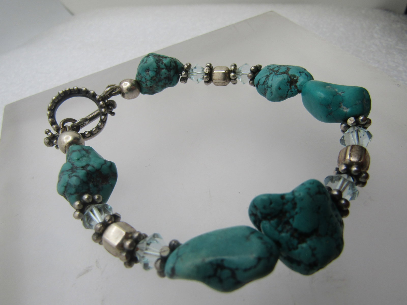 Vintage Sterling Southwestern Turquoise & Crystal Bracelet, 7.75", - 3