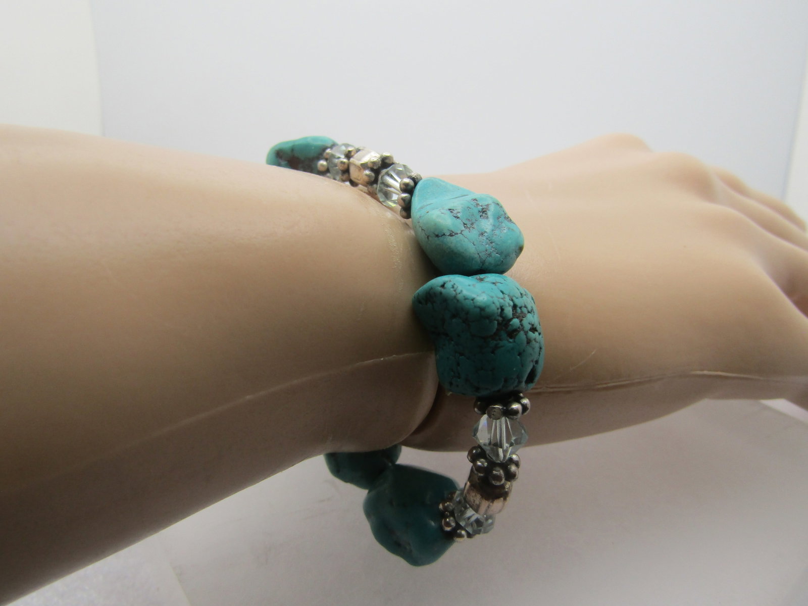 Vintage Sterling Southwestern Turquoise & Crystal Bracelet, 7.75", - 5