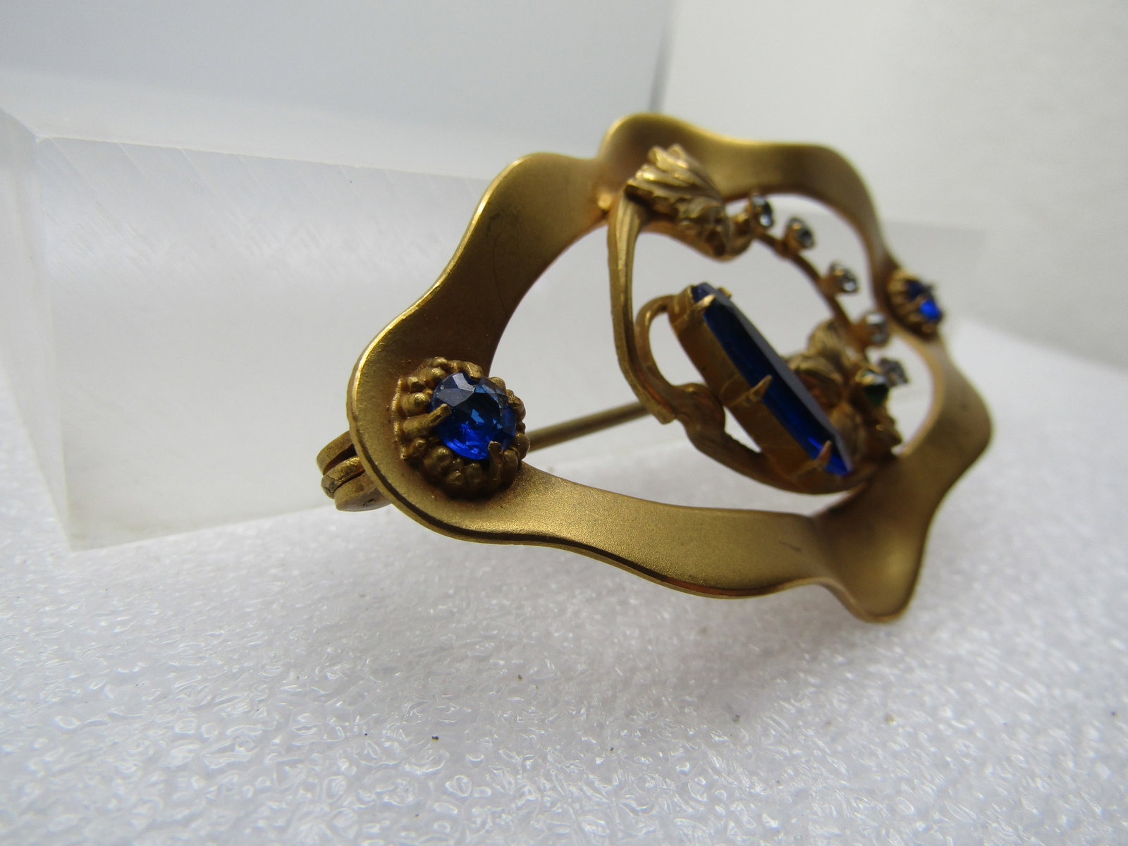 Vintage Blue & Clear Glass Brooch, 1920's, C-Clasp - 2