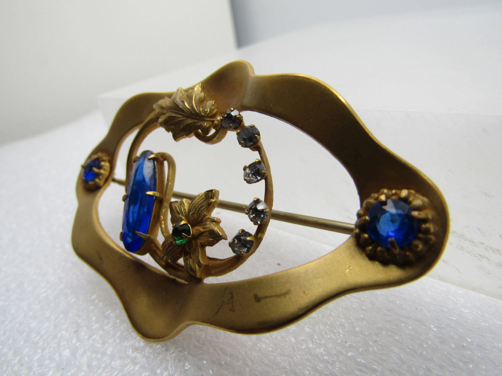 Vintage Blue & Clear Glass Brooch, 1920's, C-Clasp - 3