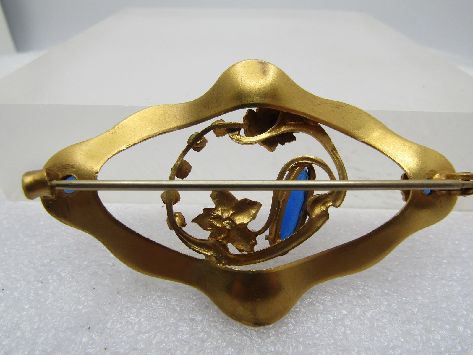 Vintage Blue & Clear Glass Brooch, 1920's, C-Clasp - 4