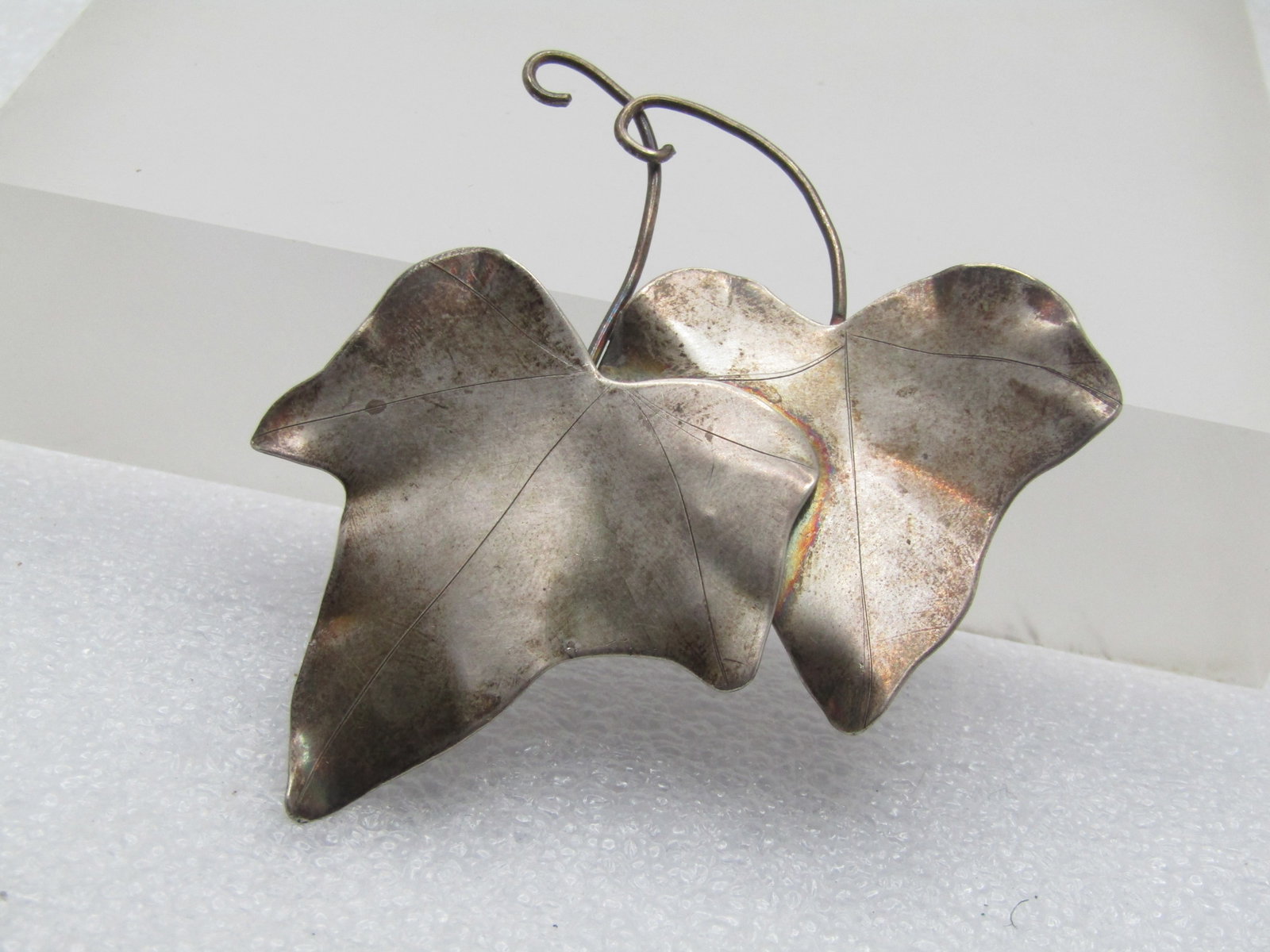 Vintage Sterling Double Leaf Brooch, 1940's, 2.25": Title: Vintage Sterling Double Leaf Brooch, 1940's, 2.25" Description: Vintage Sterling Double Leaf Brooch, 1940's, 2.25". Two leaves that overlap and are marked sterling and test as sterling, curved 