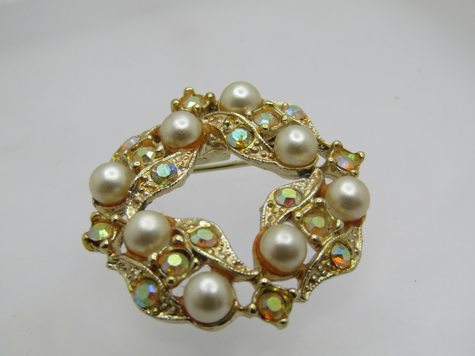 Vintage Faux Pearl Rhinestone Brooch, A.B. 1960's (1 of 4)
