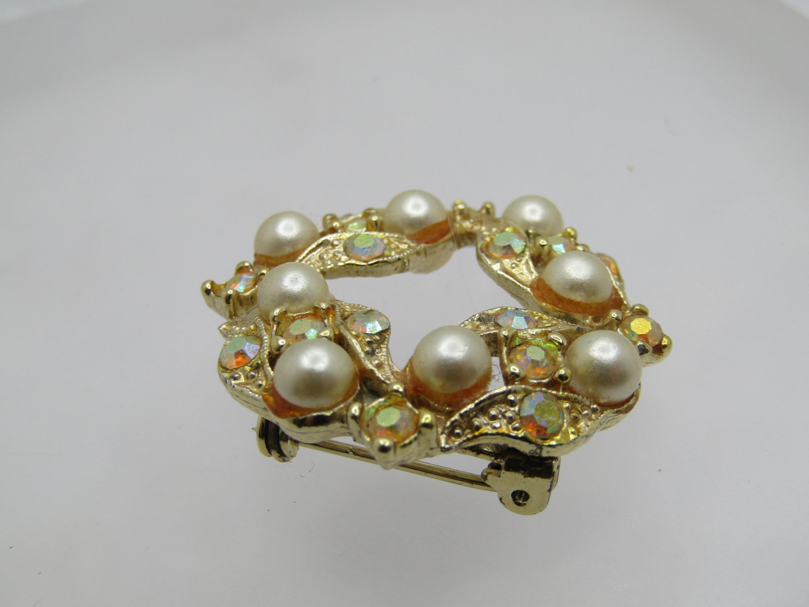 Vintage Faux Pearl Rhinestone Brooch, A.B. 1960's - 3