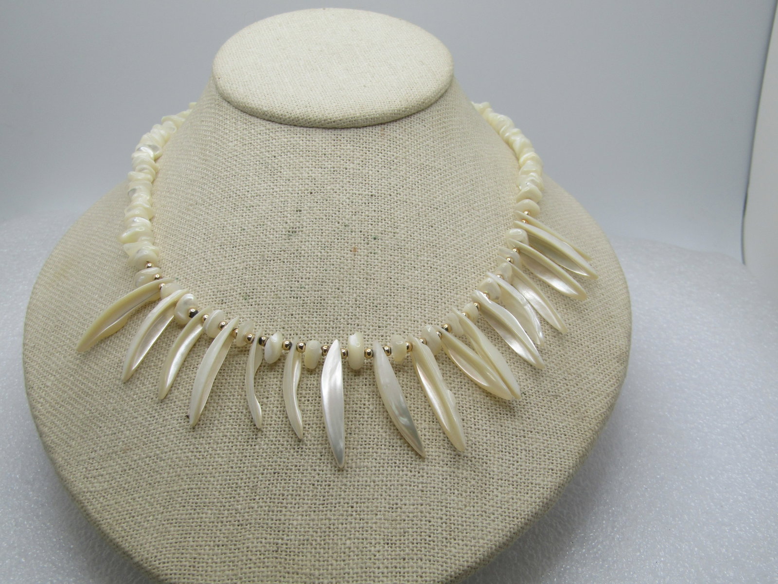 Vintage Mother-of-Pearl Nugget and Drop Necklace, 17",1970's-1980's, Tribal Vibe: Title: Vintage Mother-of-Pearl Nugget and Drop Necklace, 17",1970's-1980's, Tribal Vibe Description: Vintage Mother-of-Pearl Nugget and Drop Necklace, Tribal Vibe too. 17",1970's-1980's. The front cur