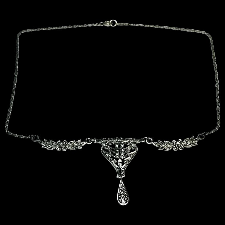 Vintage Art Deco Sterling Silver Marcasite Fancy Link Necklace (1 of 8)