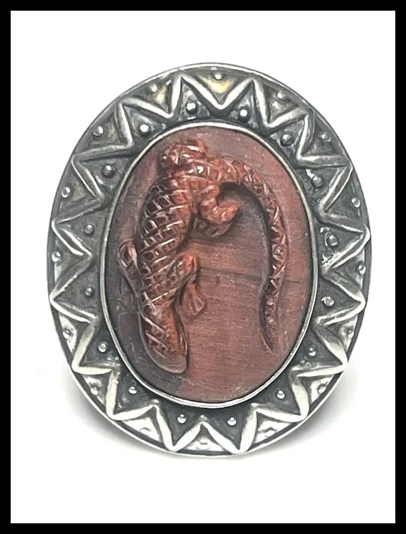 Estate Carolyn Pollack Sterling Silver Carved Redstone Lizard Ring - 2