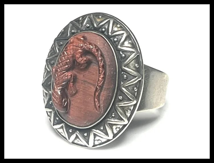 Estate Carolyn Pollack Sterling Silver Carved Redstone Lizard Ring - 3