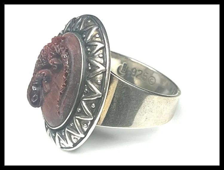 Estate Carolyn Pollack Sterling Silver Carved Redstone Lizard Ring - 4