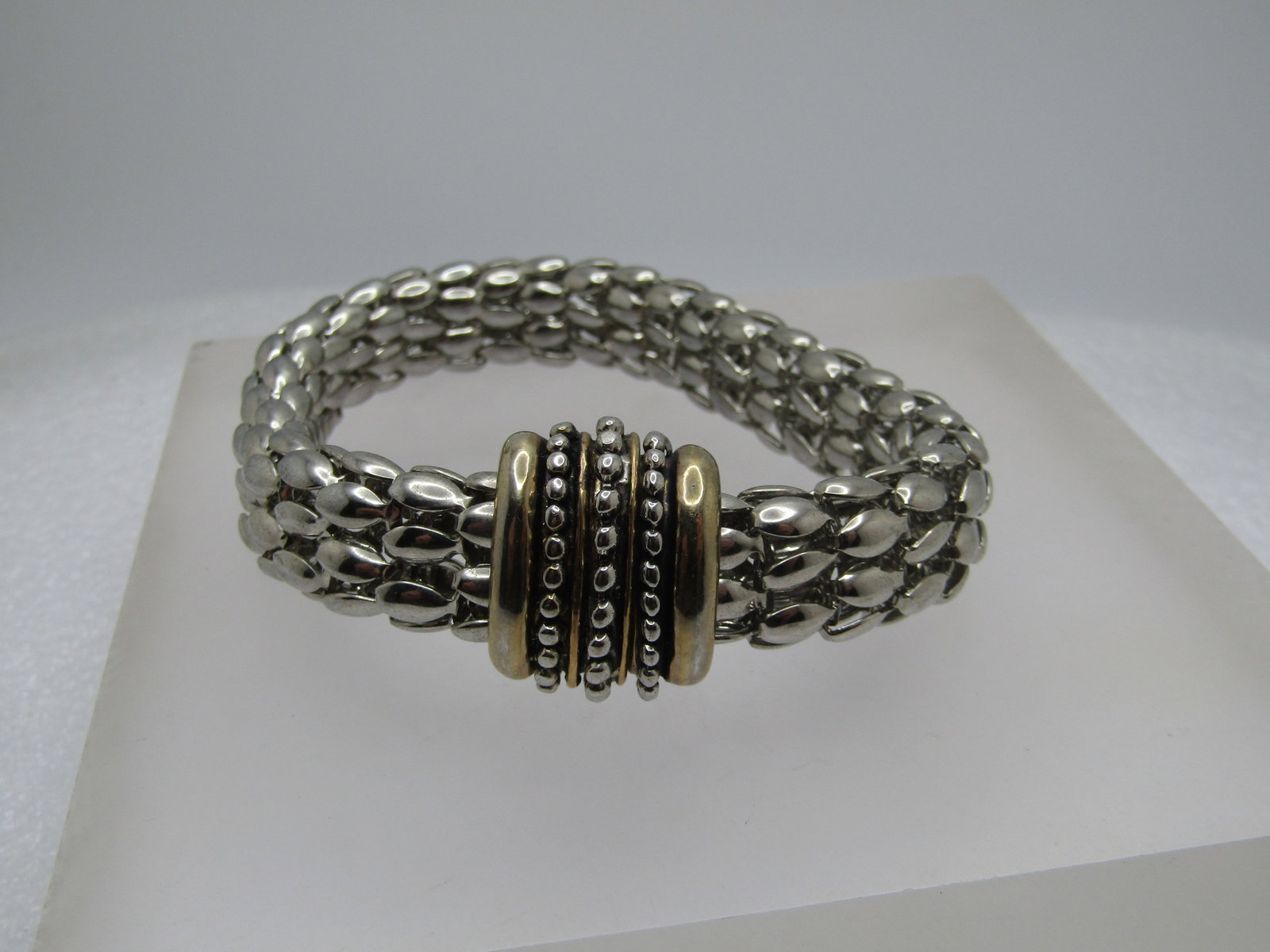 Wide Mesh Bracelet, 6.75", Magnetic Clasp, Two-Tone, 1990's-2000's: Title: Wide Mesh Bracelet, 6.75", Magnetic Clasp, Two-Tone, 1990's-2000's Description: Wide Mesh Bracelet, 6.75", Magnetic Clasp, Two-Tone, 1990's-2000's. This is a slightly over 1/2" wide woven or