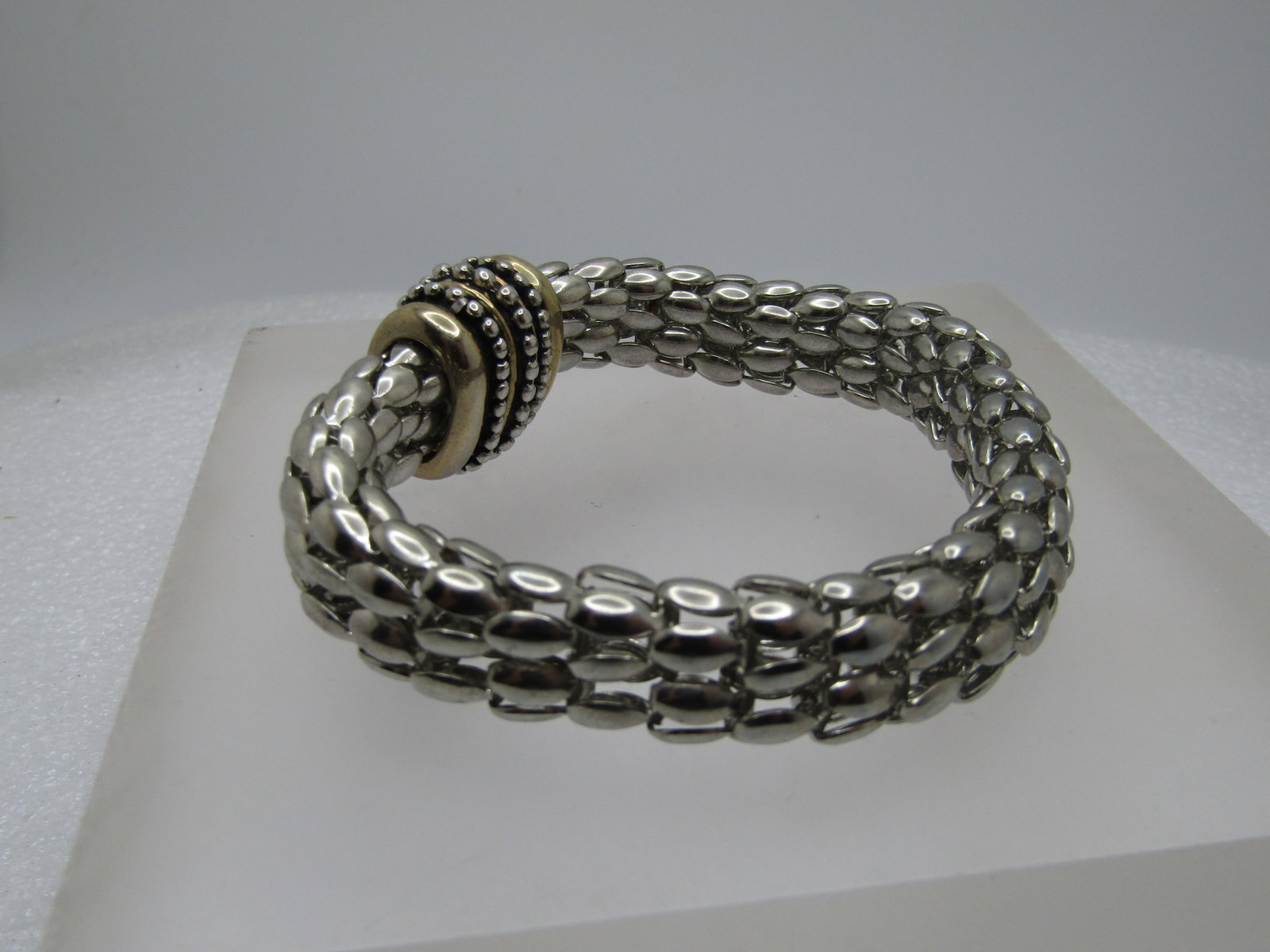 Wide Mesh Bracelet, 6.75", Magnetic Clasp, Two-Tone, 1990's-2000's - 2
