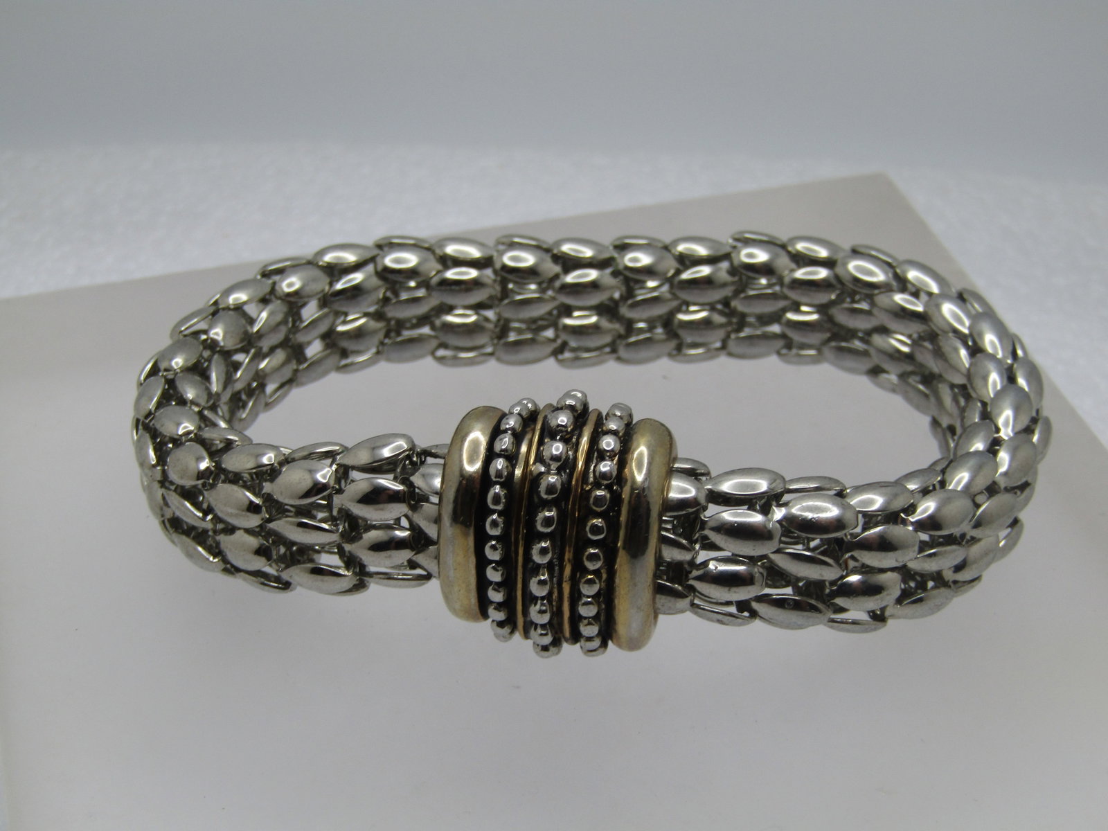 Wide Mesh Bracelet, 6.75", Magnetic Clasp, Two-Tone, 1990's-2000's - 3