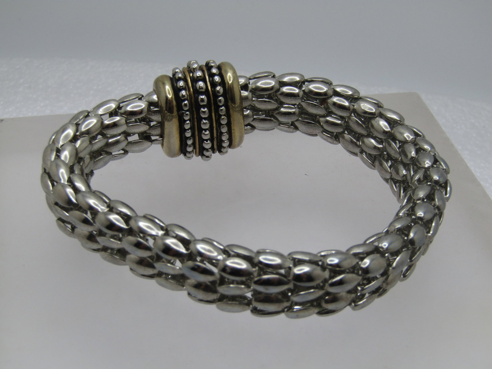 Wide Mesh Bracelet, 6.75", Magnetic Clasp, Two-Tone, 1990's-2000's - 4