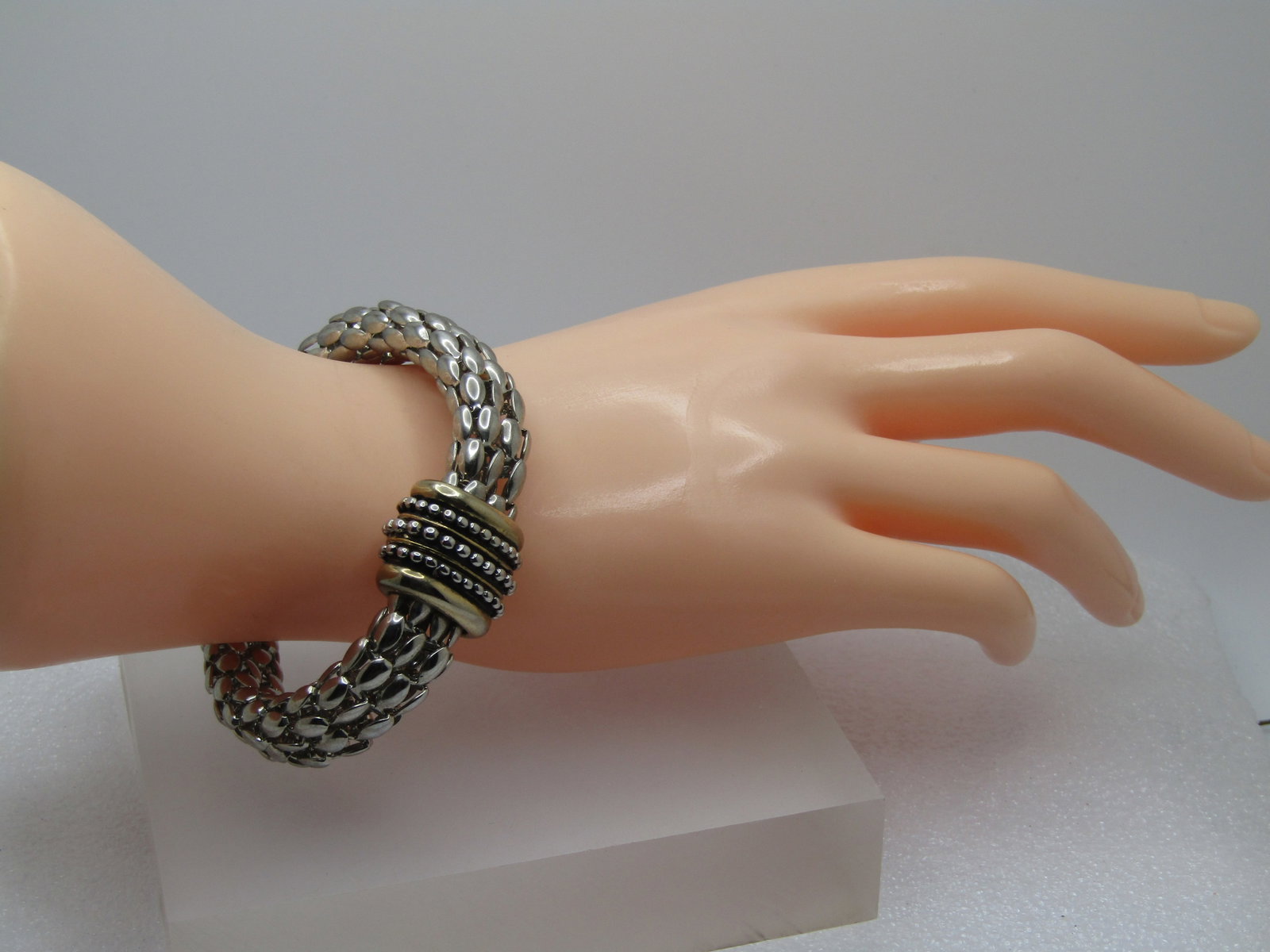 Wide Mesh Bracelet, 6.75", Magnetic Clasp, Two-Tone, 1990's-2000's - 5