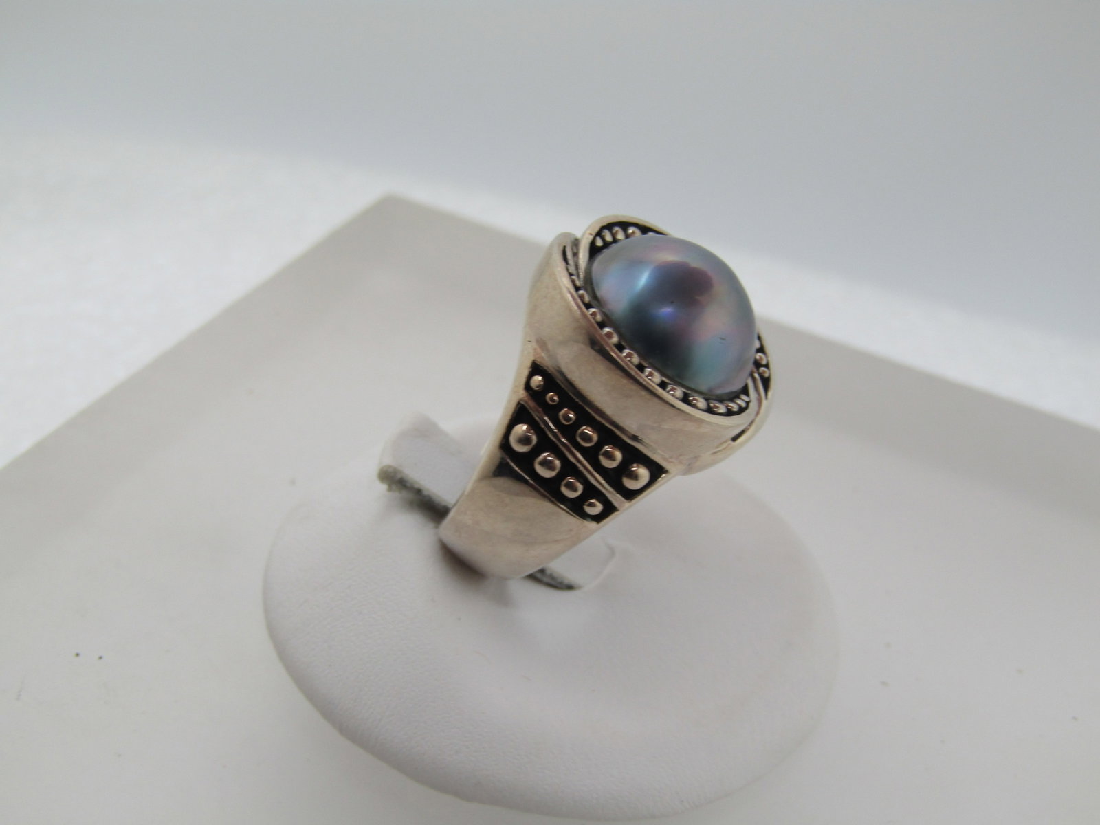 Sterling Blue Tahitian South Sea Cultured Pearl Ring, Bali Themed, Sz 7, 1990's, Signed - 10