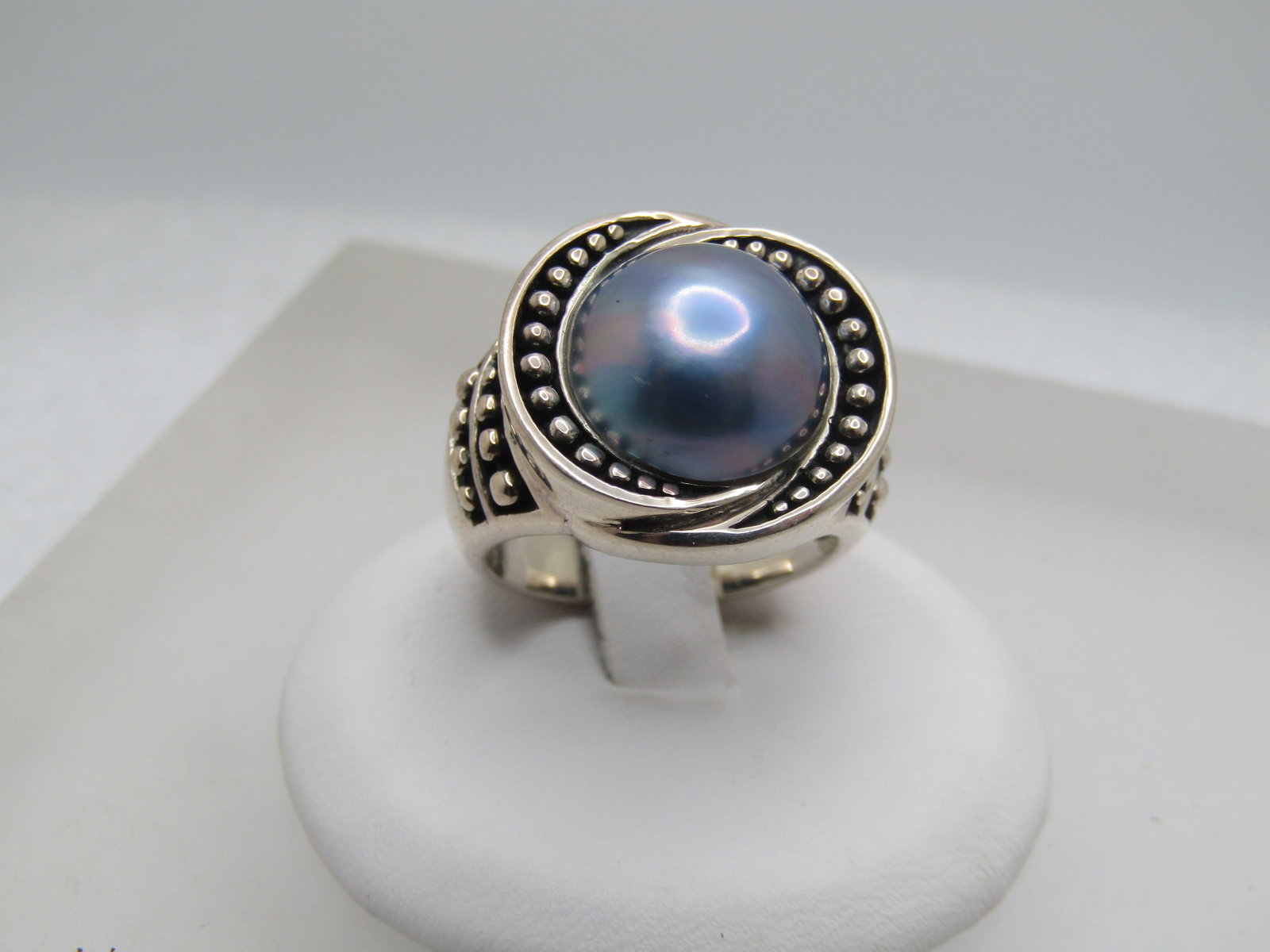Sterling Blue Tahitian South Sea Cultured Pearl Ring, Bali Themed, Sz 7, 1990's, Signed: Title: Sterling Blue Tahitian South Sea Cultured Pearl Ring, Bali Themed, Sz 7, 1990's, Signed Description: Sterling Blue Tahitian South Sea Cultured Pearl Ring, Bali Themed, Sz 7, 1990's, Signed SX