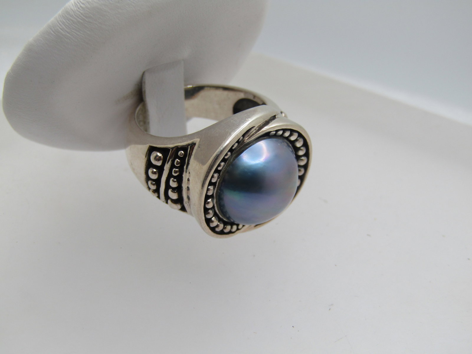Sterling Blue Tahitian South Sea Cultured Pearl Ring, Bali Themed, Sz 7, 1990's, Signed - 2