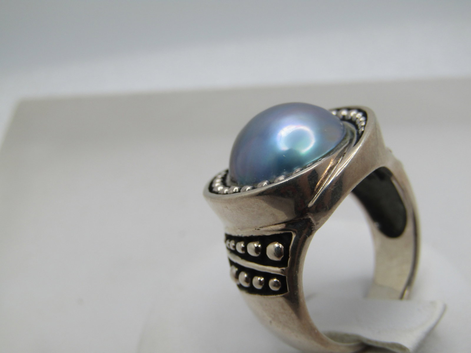Sterling Blue Tahitian South Sea Cultured Pearl Ring, Bali Themed, Sz 7, 1990's, Signed - 3