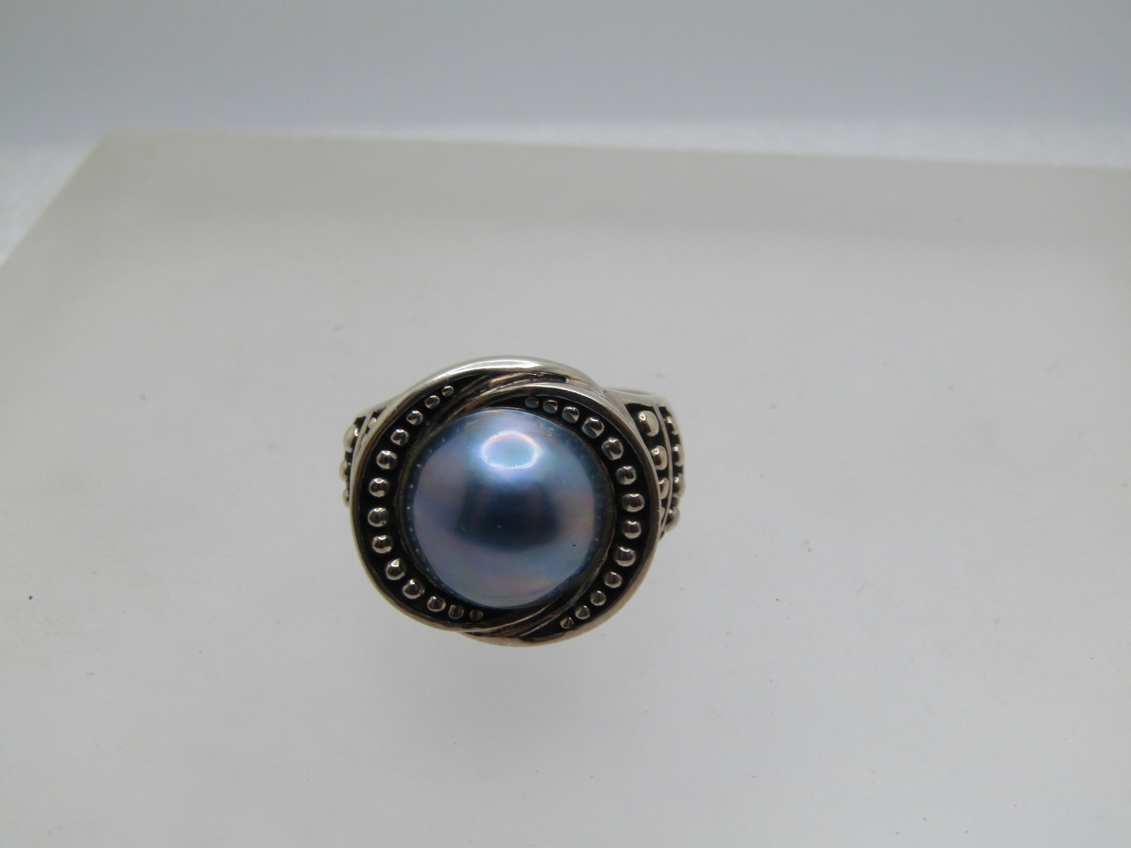 Sterling Blue Tahitian South Sea Cultured Pearl Ring, Bali Themed, Sz 7, 1990's, Signed - 4