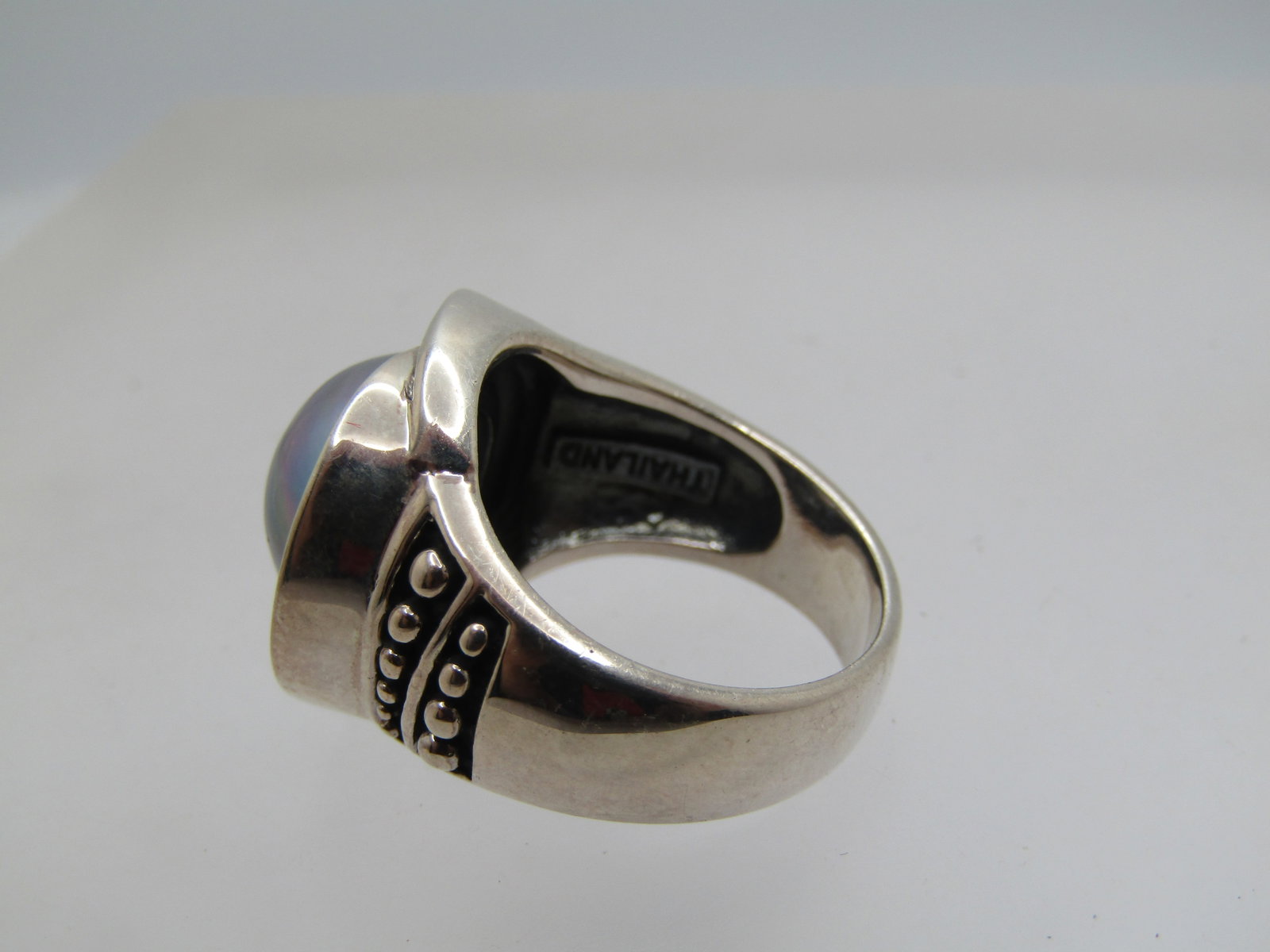 Sterling Blue Tahitian South Sea Cultured Pearl Ring, Bali Themed, Sz 7, 1990's, Signed - 5
