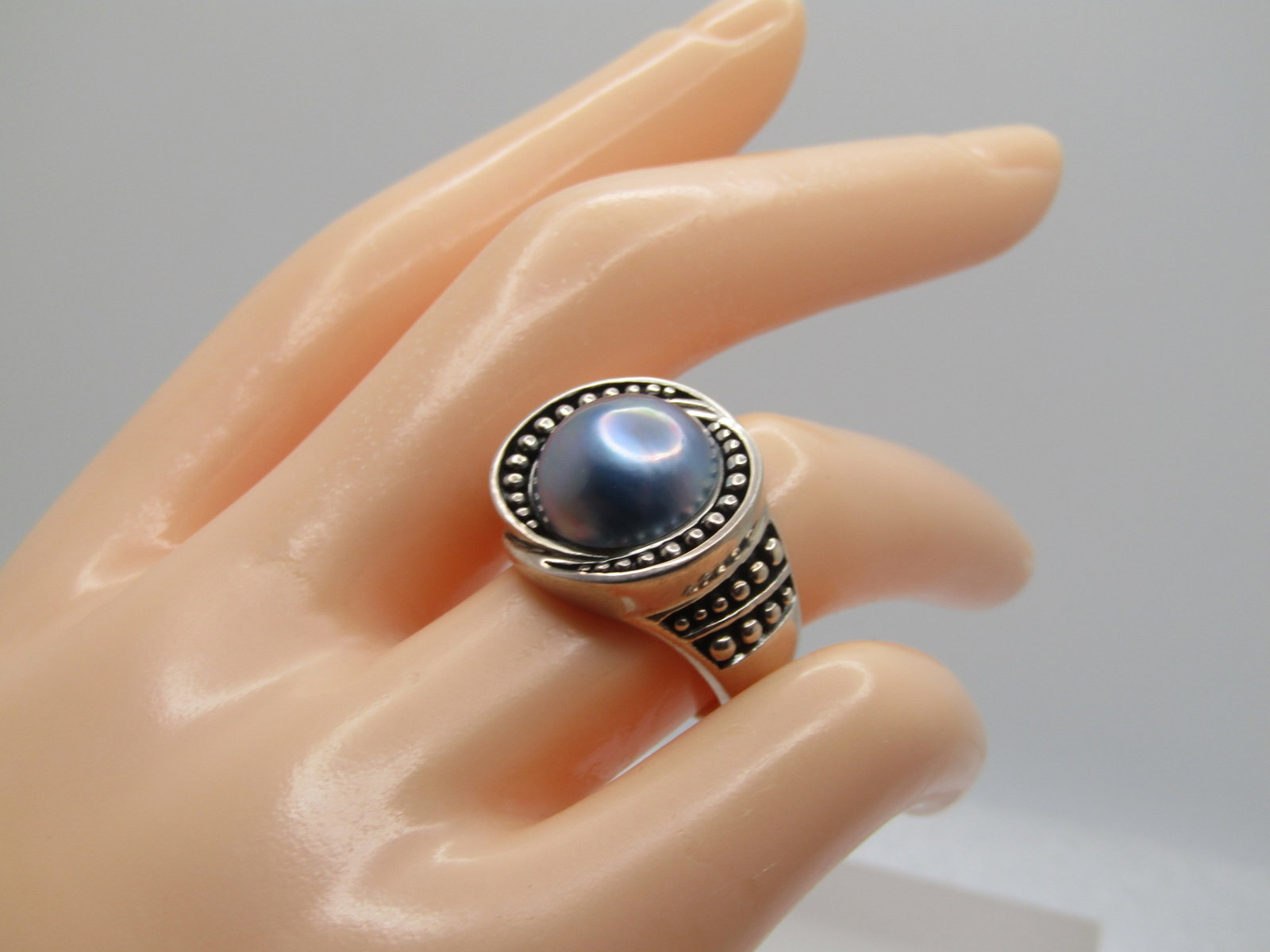 Sterling Blue Tahitian South Sea Cultured Pearl Ring, Bali Themed, Sz 7, 1990's, Signed - 8