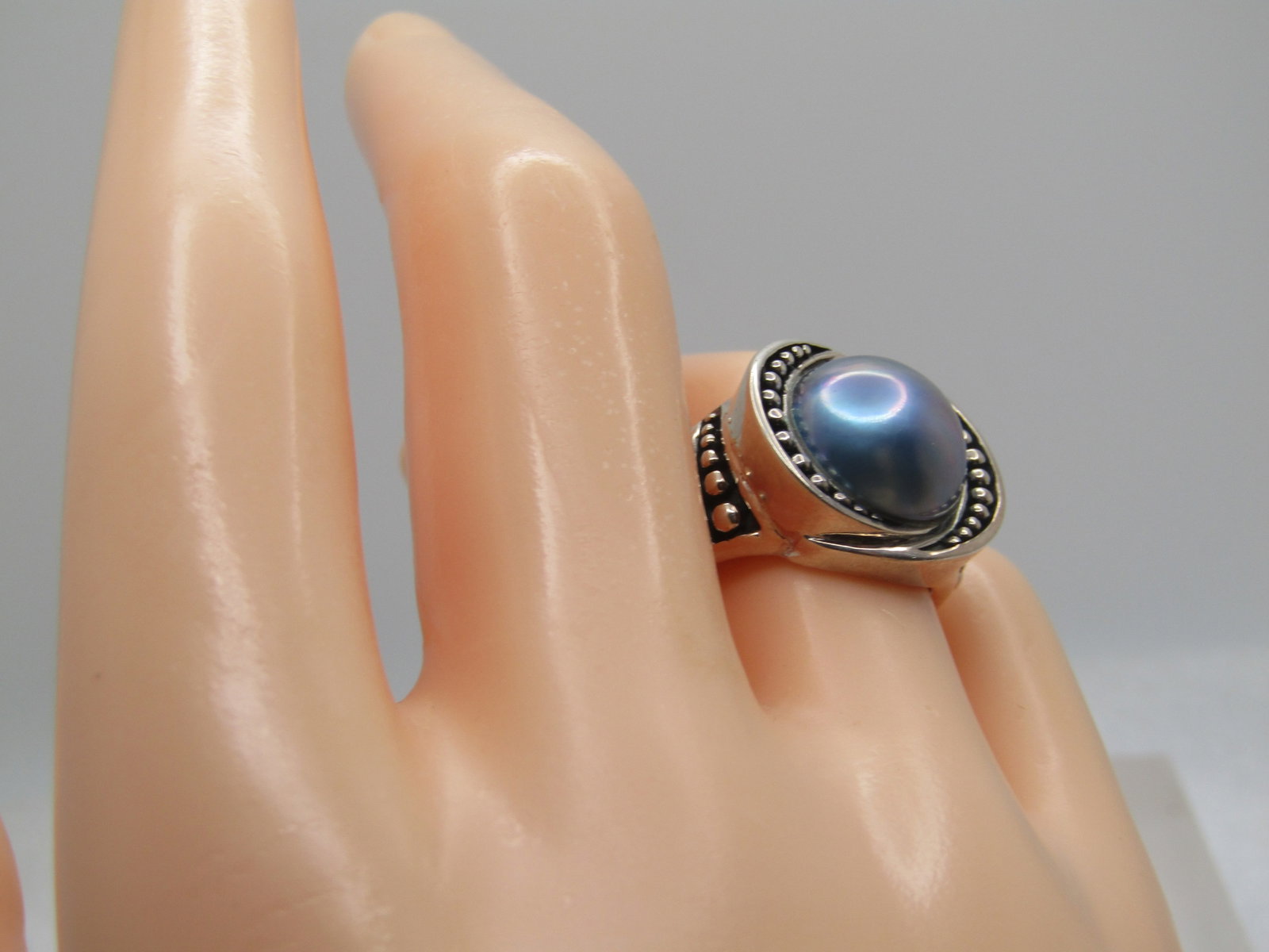 Sterling Blue Tahitian South Sea Cultured Pearl Ring, Bali Themed, Sz 7, 1990's, Signed - 9