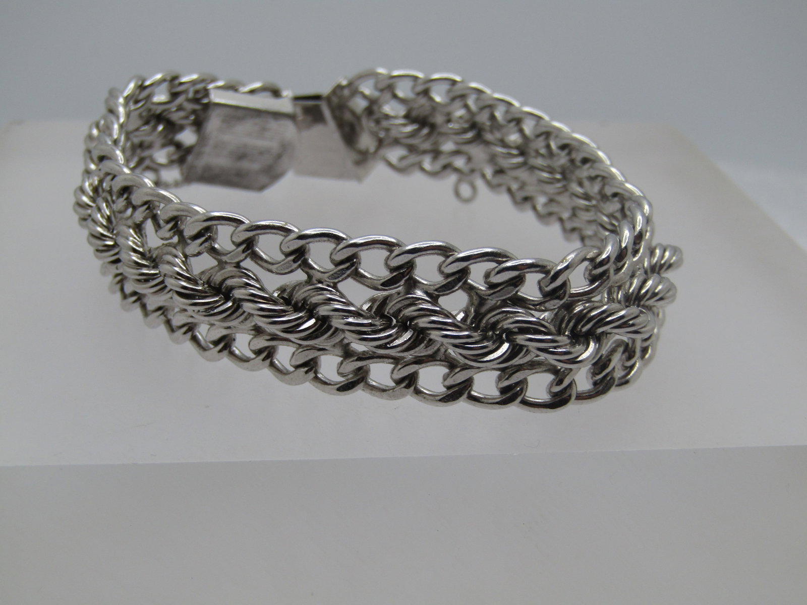 Vintage Sterling Wide Bracelet, Signed, 7.5", 1970's-1980's, Safety Chain (1 of 7)