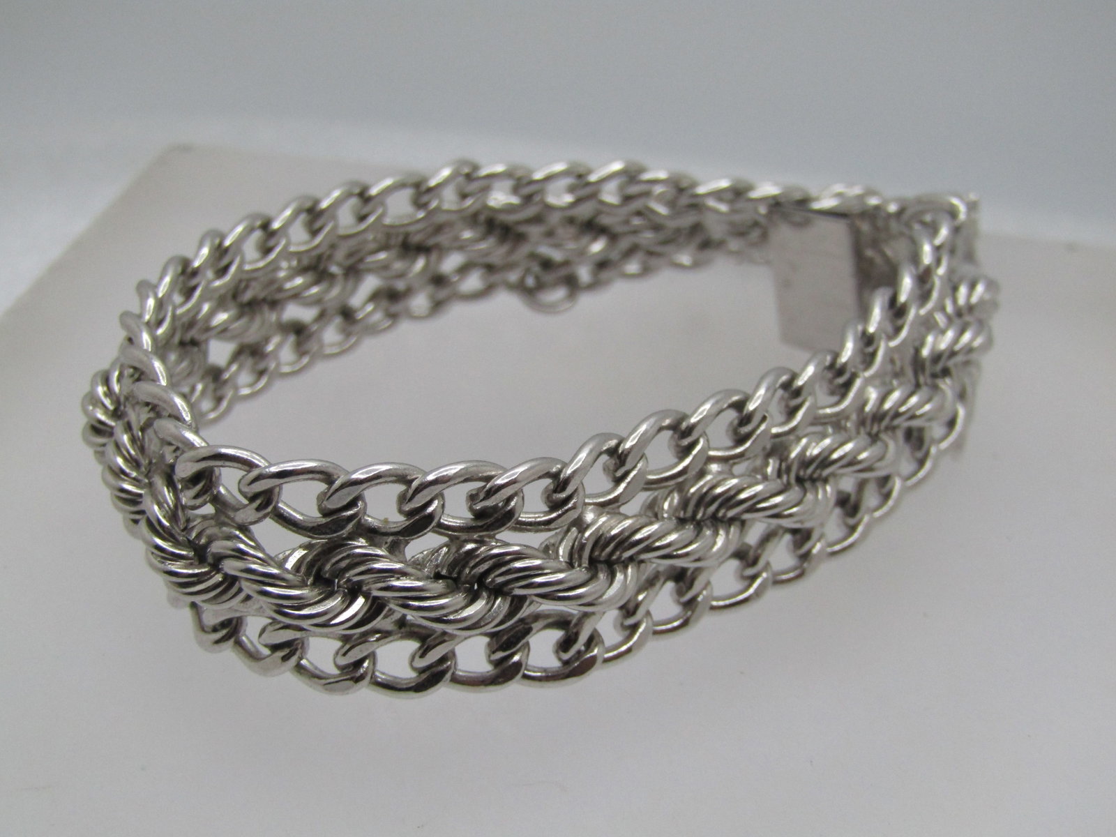 Vintage Sterling Wide Bracelet, Signed, 7.5", 1970's-1980's, Safety Chain - 2